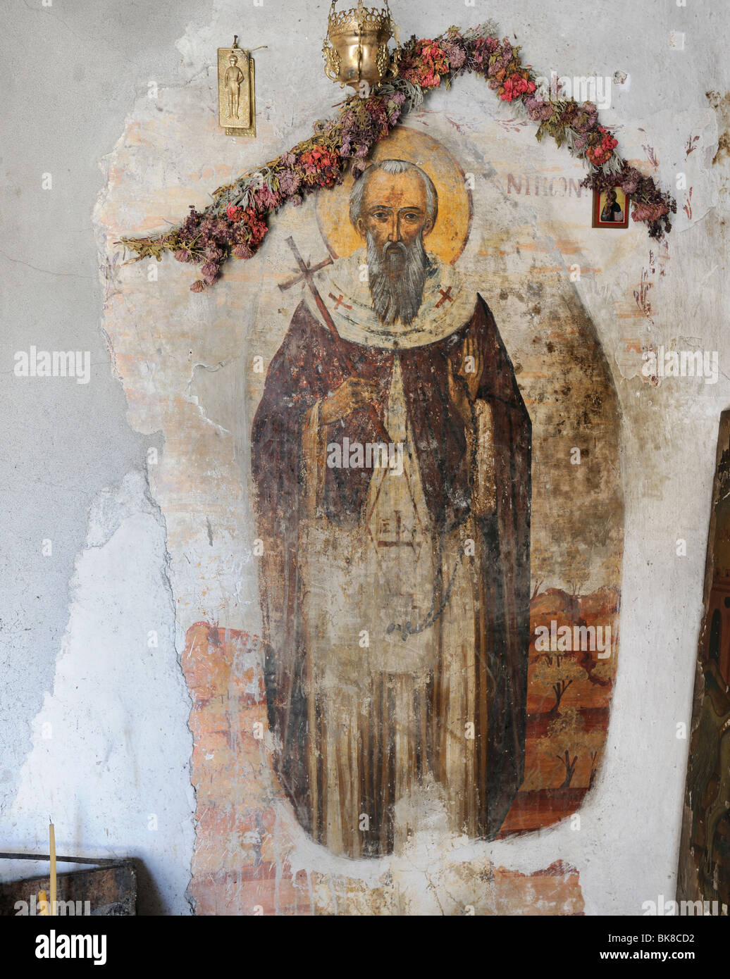 Church at Arnitha, frescoes showing St. Nikon, Rhodes, Greece, Europe Stock Photo
