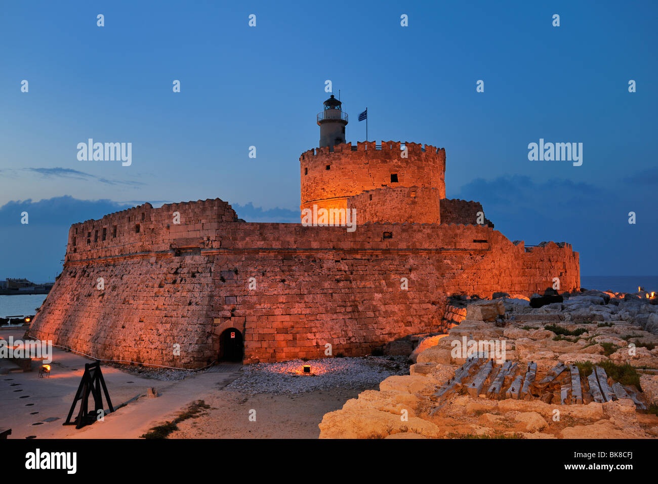 Castle Ágios Nikólaos at the Mandraki harbour, Rhodes Town, Rhodes, Greece, Europe Stock Photo