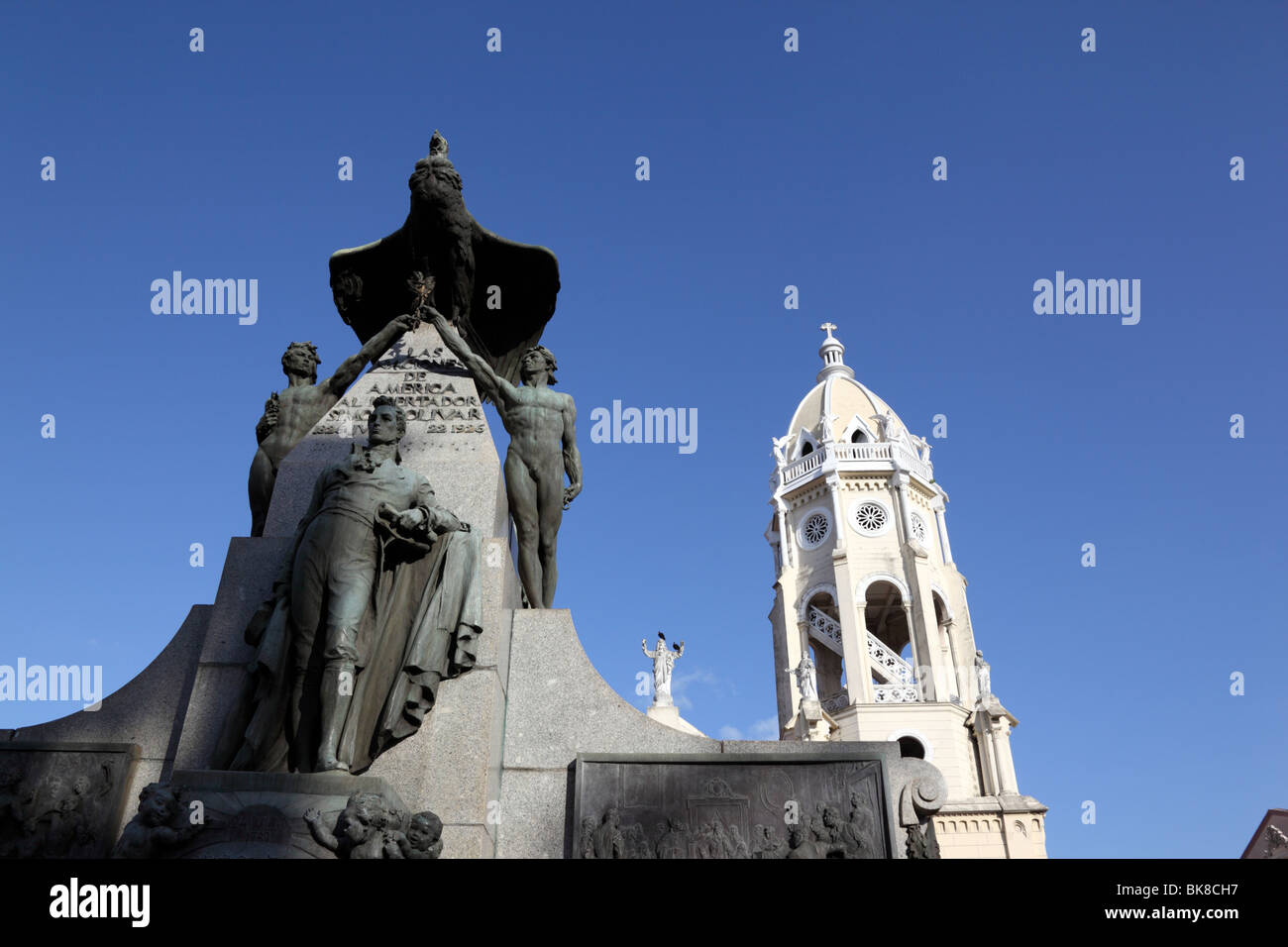 San Francisco de Asis church and Bolivar monument, Plaza Bolivar, Casco Viejo, Panama City, Panama Stock Photo