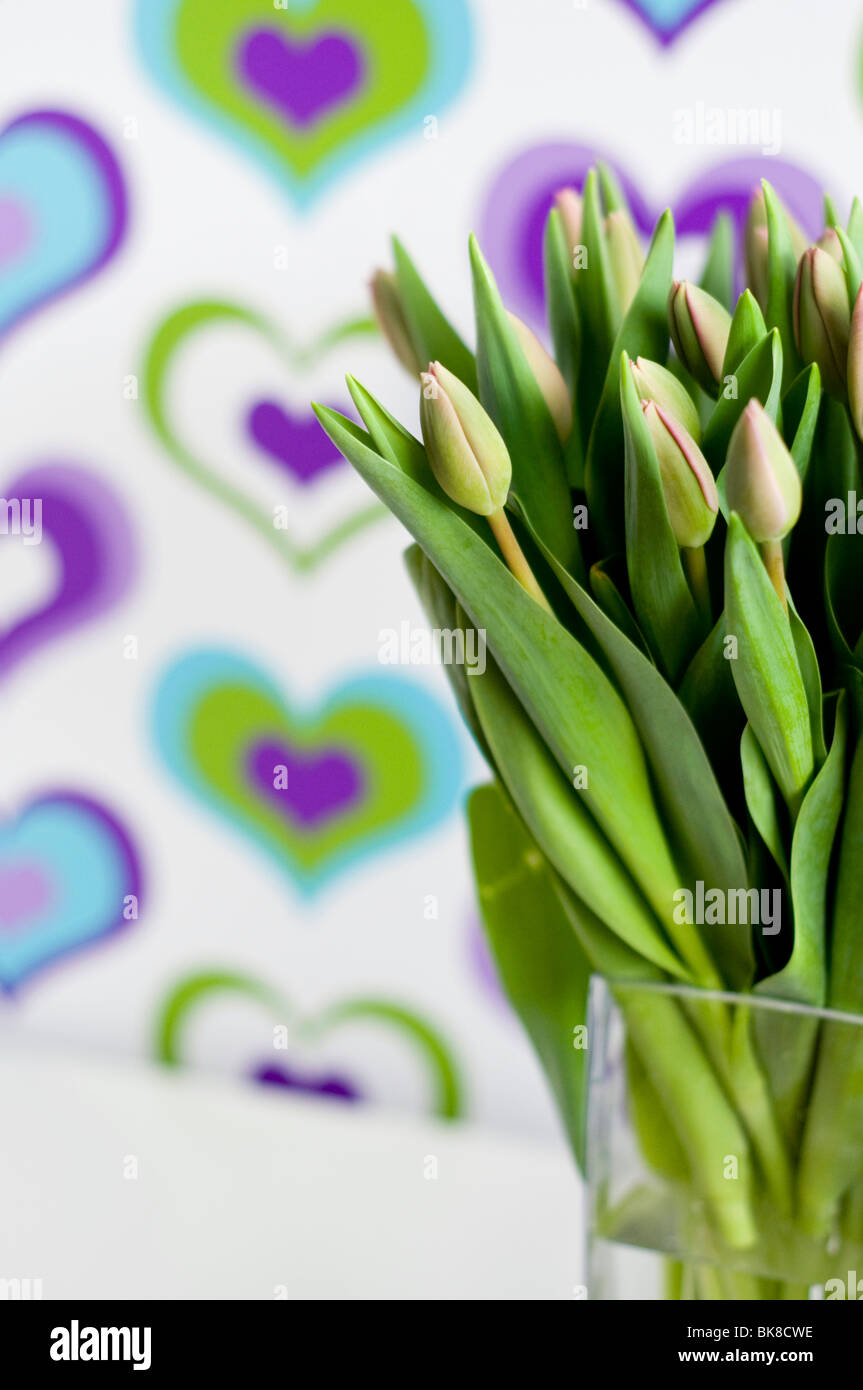 A vase of purple tulips in front of colorful wallpaper decorated with a heart pattern Stock Photo