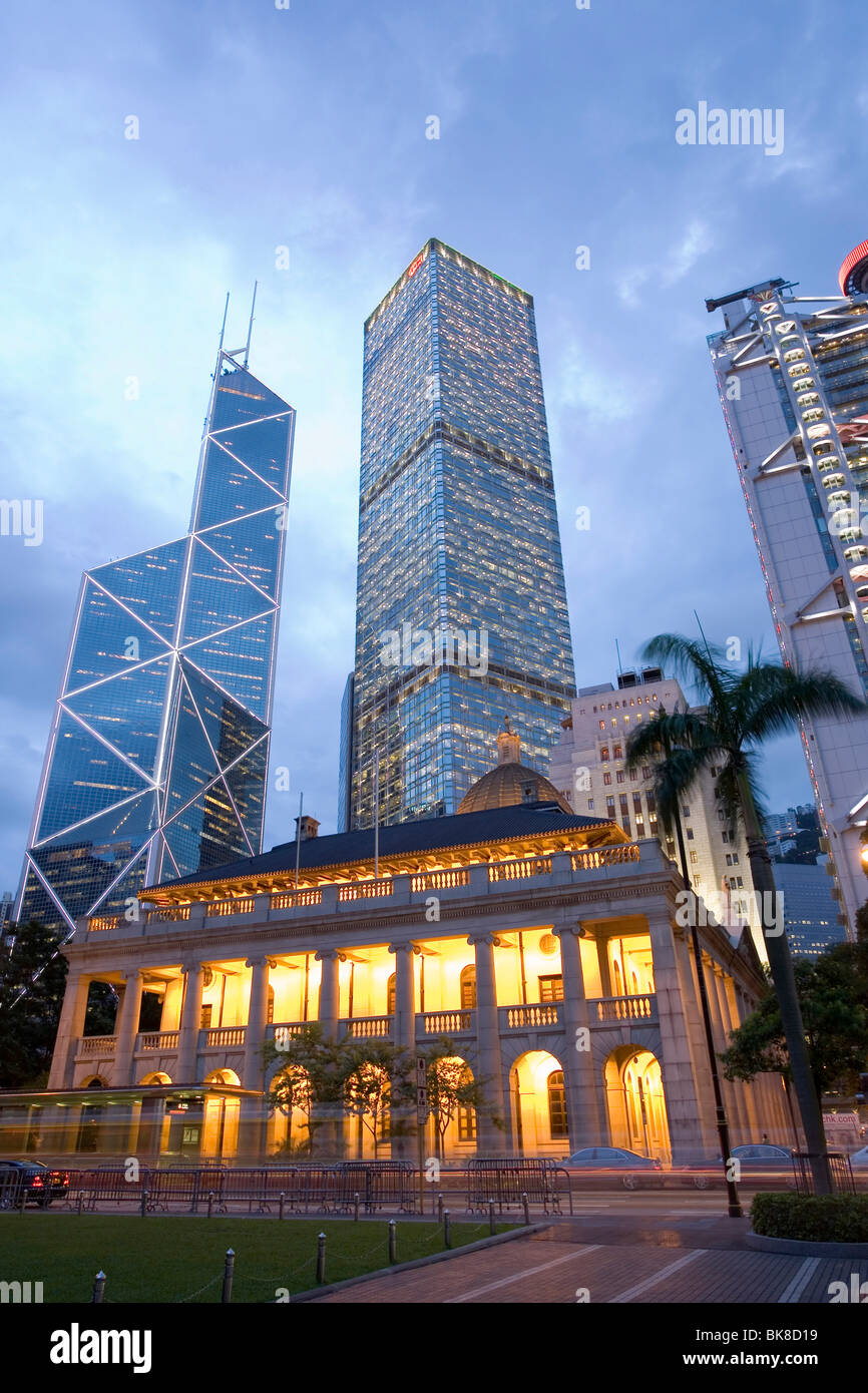Legislative Council Building and Bank of China Tower at nightfall, Hong Kong, Hongkong, China, Asia Stock Photo