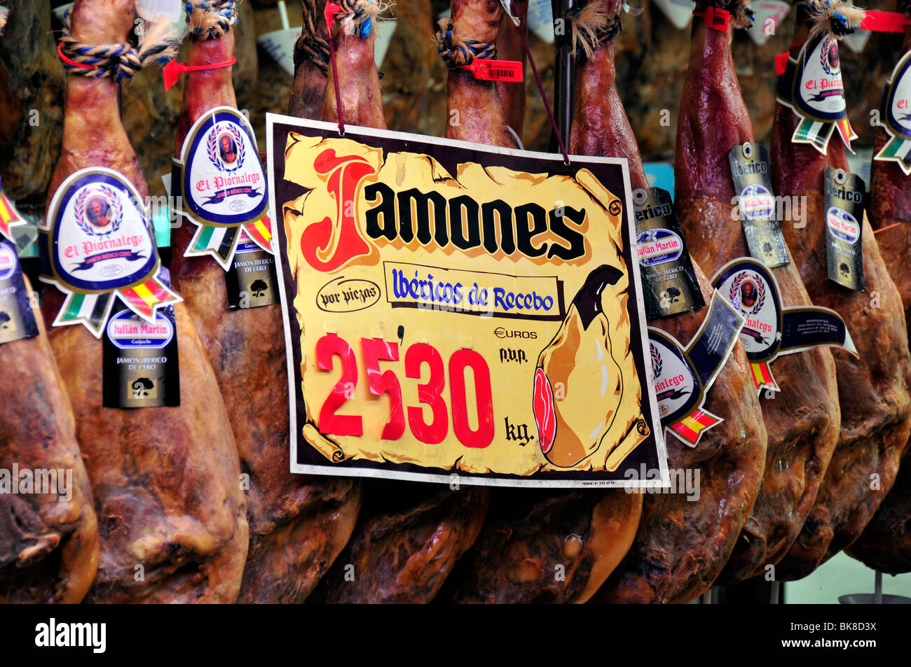 Ham in the Casa del Jamón, Madrid, Spain, Iberian Peninsula, Europe Stock Photo