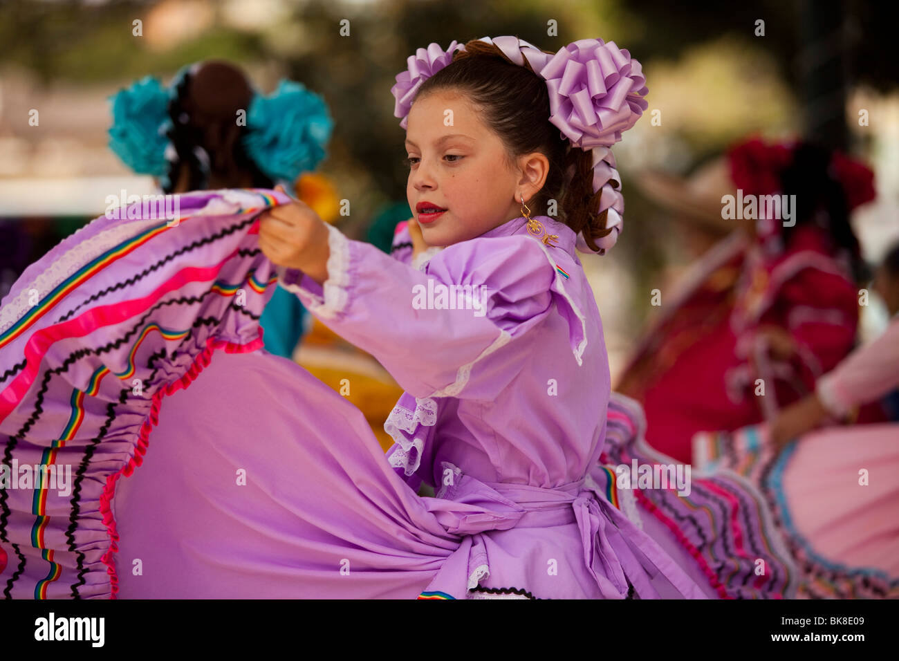 Traditional Mexican Dance at The Blessing of the Animals Festival, Olvera Street, Downtown Los Angeles, California, United States of America Stock Photo