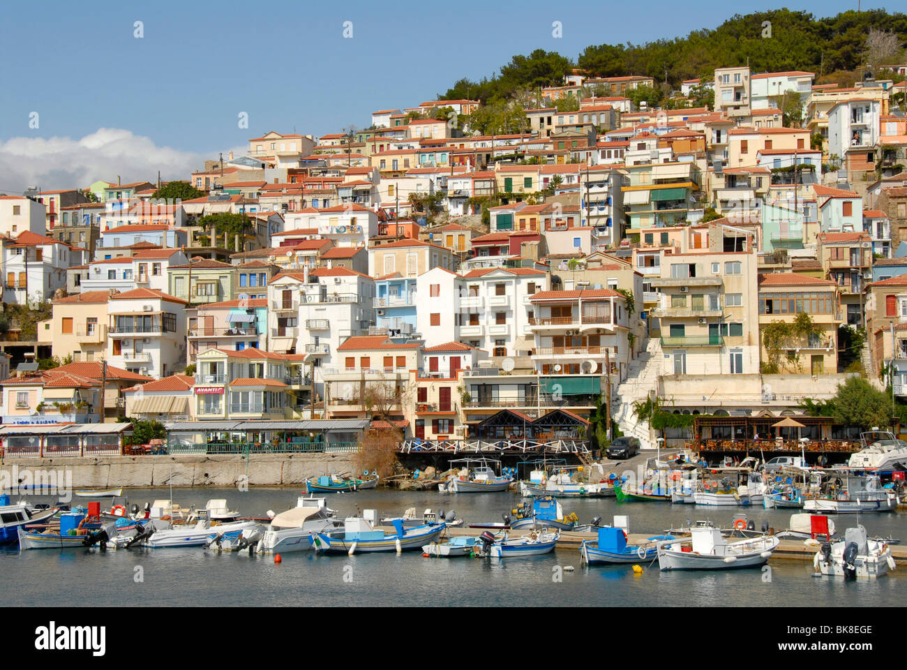 City on the harbour with fishing boats, Plomari, Lesbos island, Aegean Sea, Greece, Europe Stock Photo