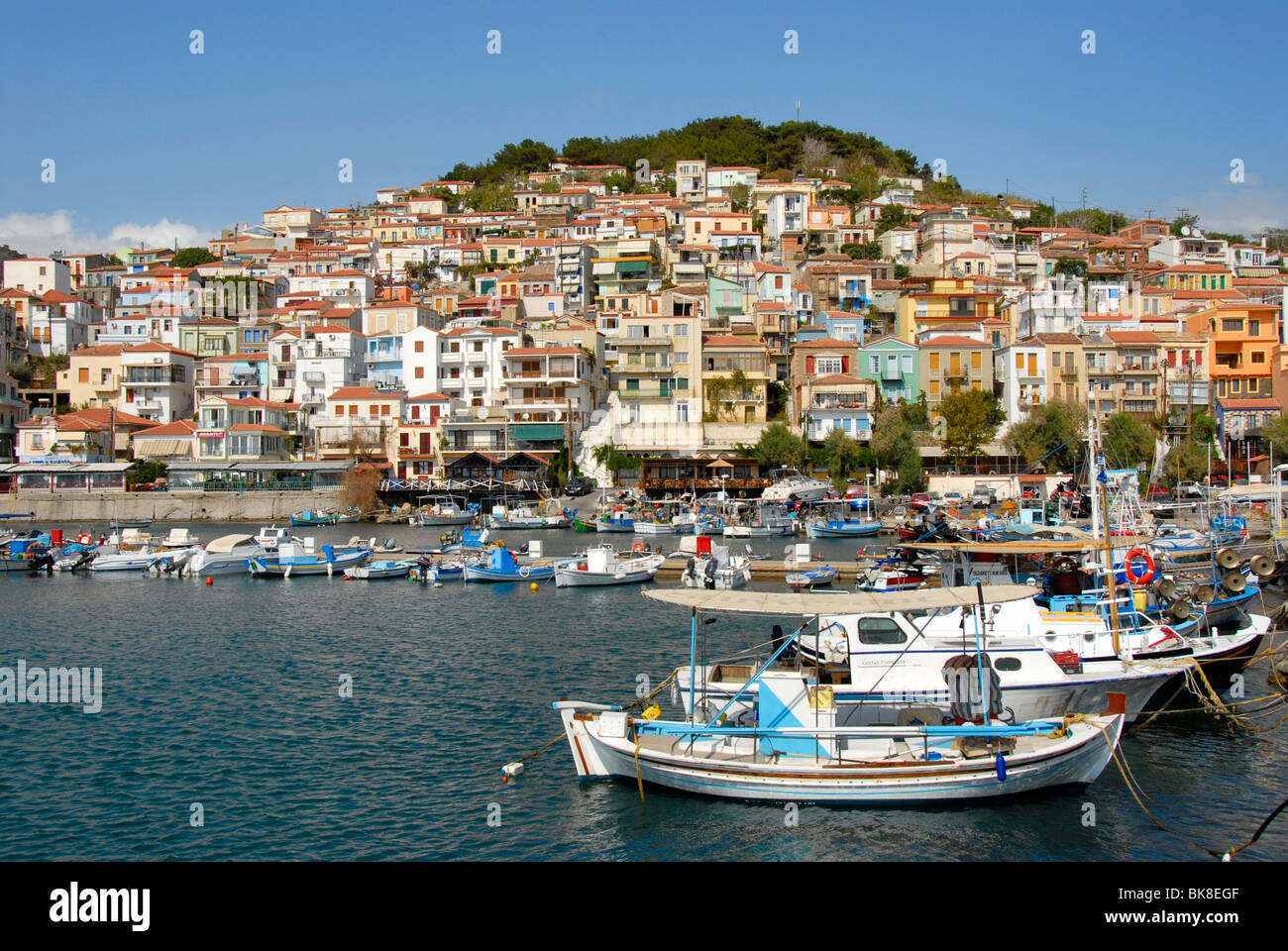 City on the harbour with fishing boats, Plomari, Lesbos island, Aegean Sea, Greece, Europe Stock Photo