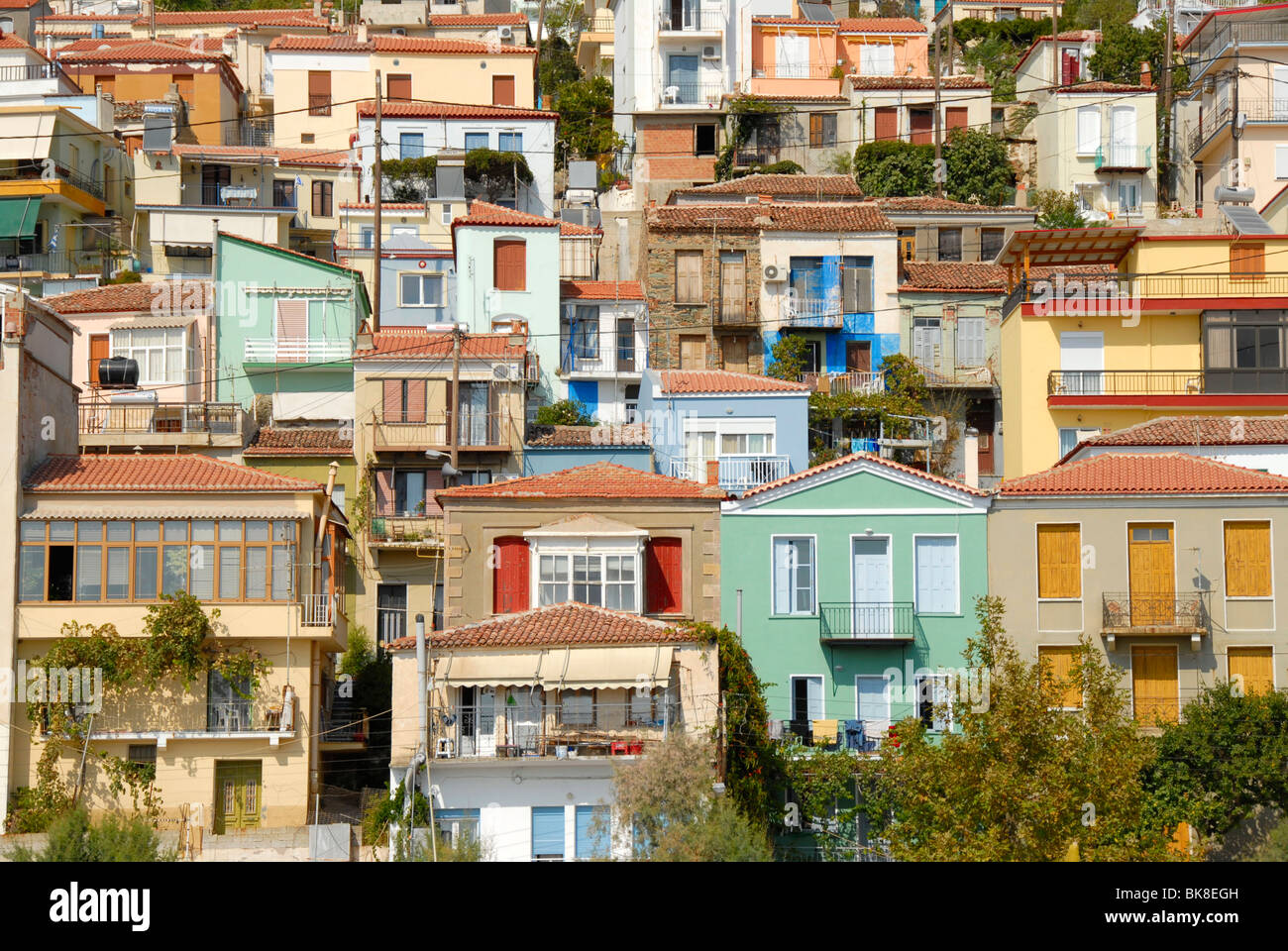 Town built on a hill, many-coloured houses, Plomari, Lesbos island, Aegean Sea, Greece, Europe Stock Photo