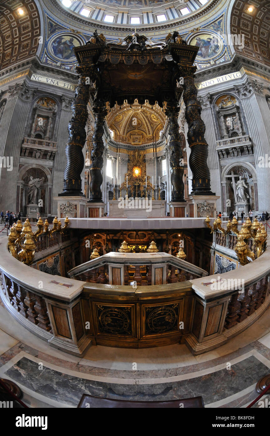 Apse, Cathedra Petri, St. Peter's Tomb, canopy by Bernini, fisheye, St. Peter's Basilica, historic city centre, Vatican City, I Stock Photo