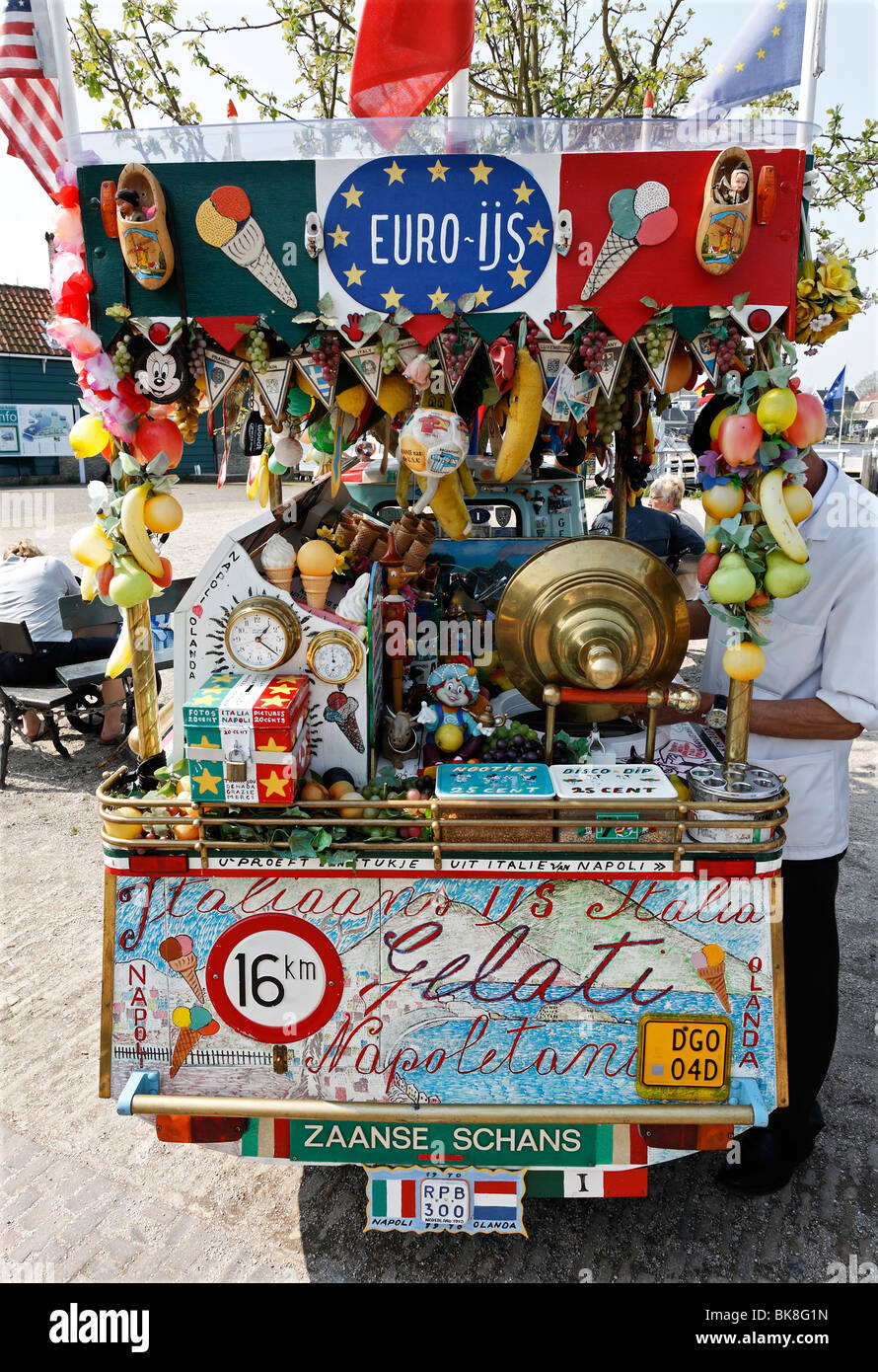 Picturesque decorated ice-cream cart with Italian ice cream, open-air museum Zaanse Schans, Zaanstadt, province of North Hollan Stock Photo