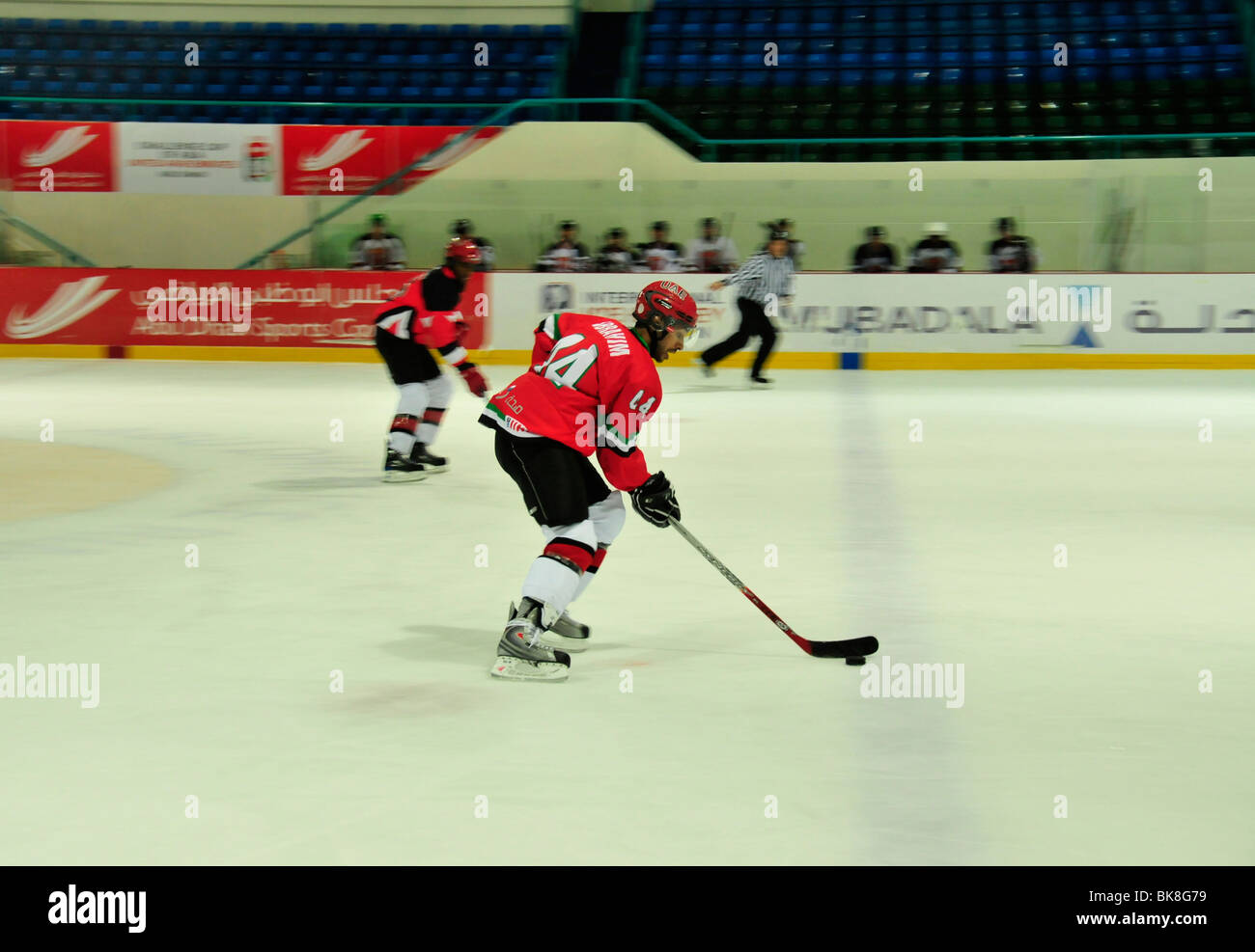 Hockey game of the Abu Dhabi Scorpions against the national team of the United Arab Emirates in the ice hockey stadium, ice rin Stock Photo