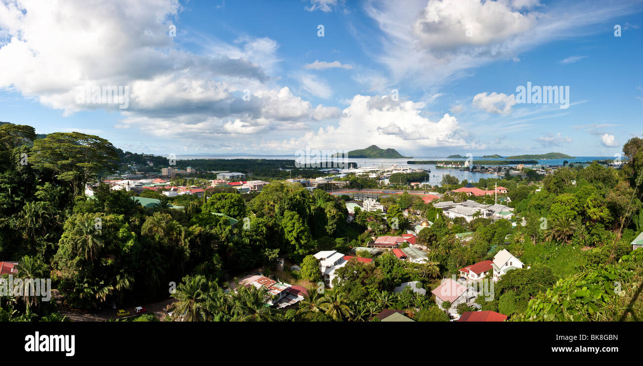 View from Bel Air towards the capital city of Victoria, at back the islands St. Anne, Ile au Cerf, Ile Moyenne, Ile Ronde und I Stock Photo
