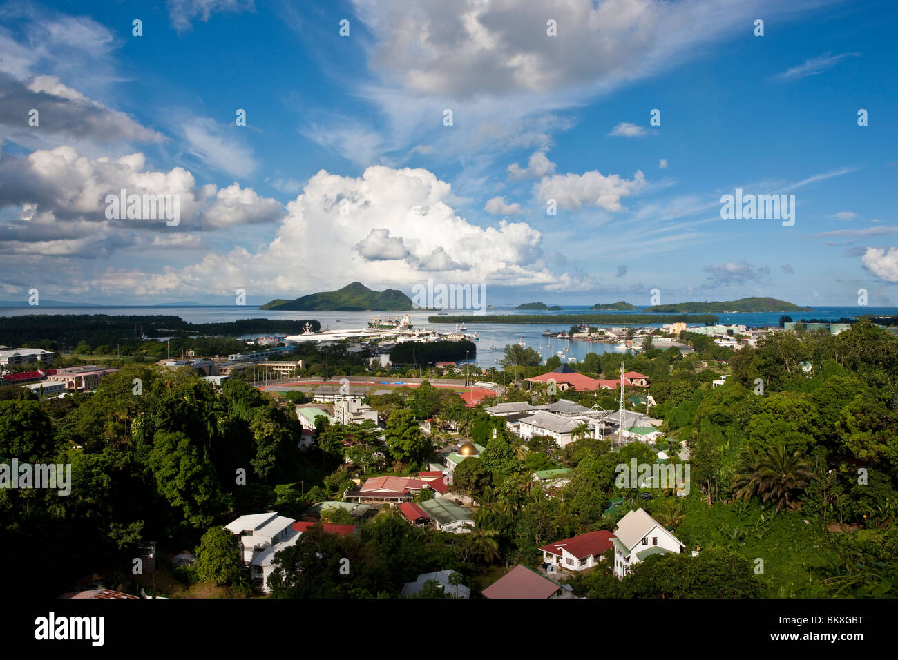 View from Bel Air towards the capital city of Victoria, at back the islands St. Anne, Ile au Cerf, Ile Moyenne, Ile Ronde und I Stock Photo