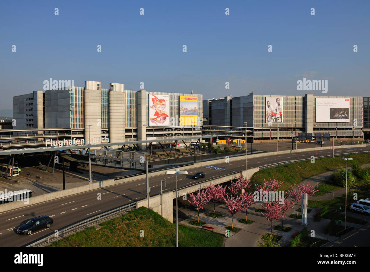 Highway along the car parks of Zurich Airport, Zurich, Switzerland