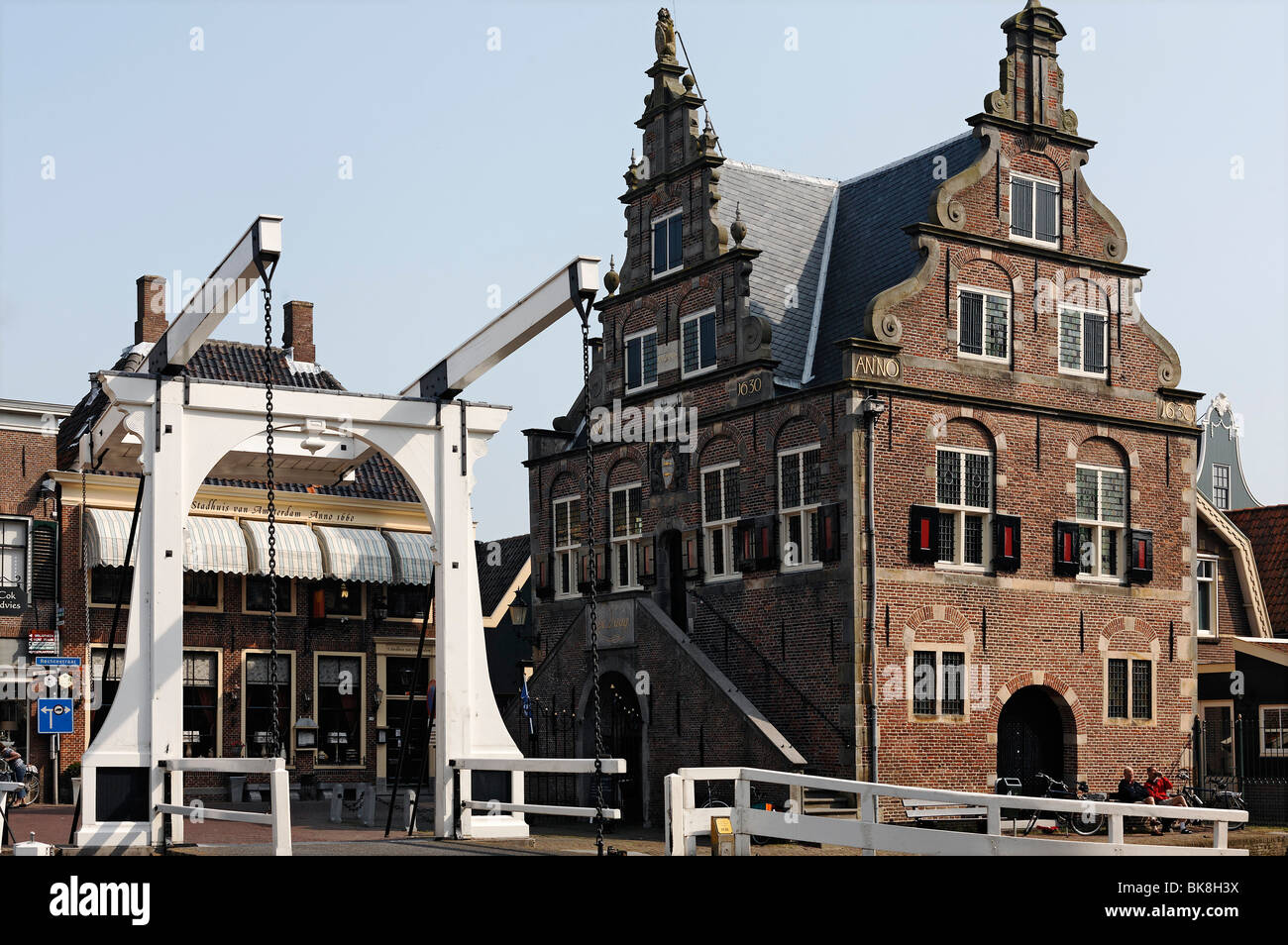 Drawbridge and former city hall from the 17th century, De Rijp near Alkmaar, Province of North Holland, Netherlands, Europe Stock Photo