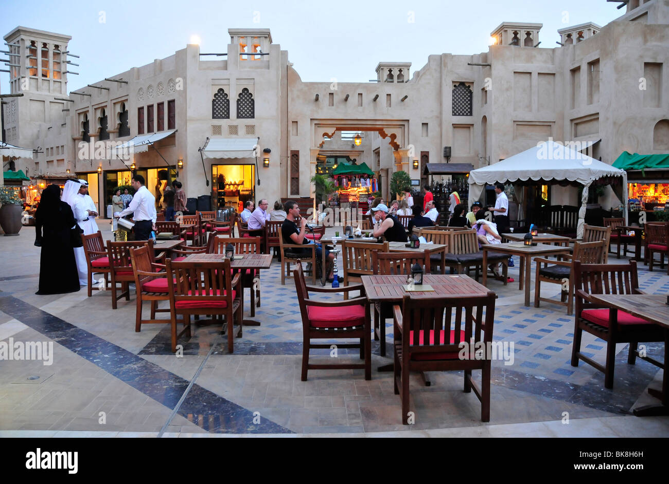Open-air restaurant at the Madinat Jumeirah Resort, Dubai, United Arab Emirates, Arabia, Middle East, Orient Stock Photo
