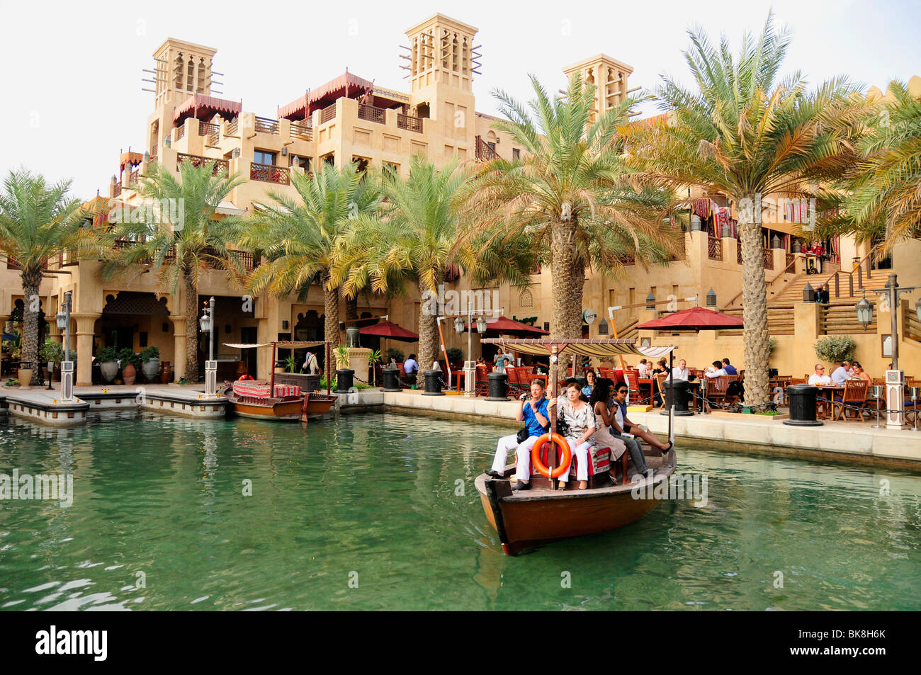 Excursion boat with tourists in the Madinat Jumeirah Resort, Dubai, United Arab Emirates, Arabia, Middle East, Orient Stock Photo