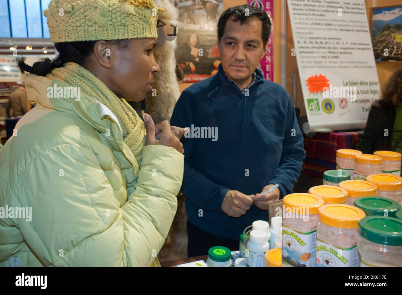 Sustainable Business, Organic Products Trade Show, Paris, France, Man Selling Cosmetic Products, woman and global economy Stock Photo