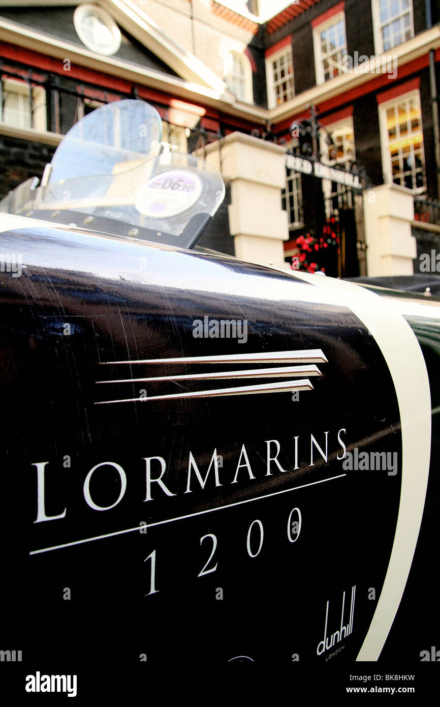 Jaguar C type outside London's Alfred Dunhill club in Mayfair to launch the South African L'Omarins Rally Stock Photo