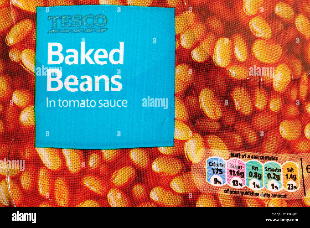 Nutrition information on a six pack can of Tesco Baked beans Stock Photo