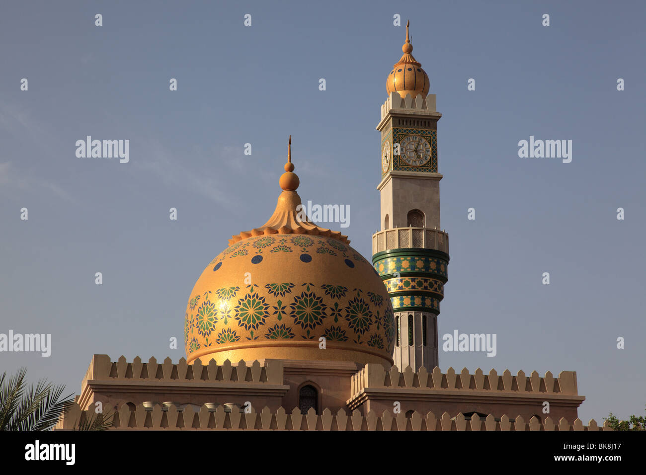 Muttrah Mosque Minaret clock tower and dome of the Zawawi mosque in Muttrah, Sultanate ...
