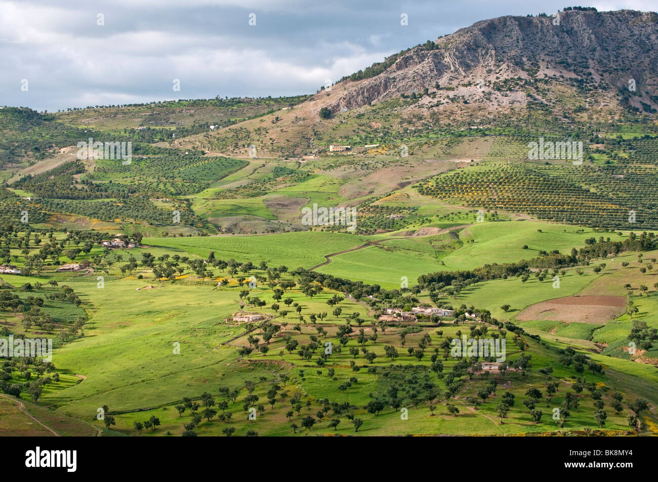 Moroccan countryside and Middle Atlas Mountains as seen from Fes Morocco Stock Photo
