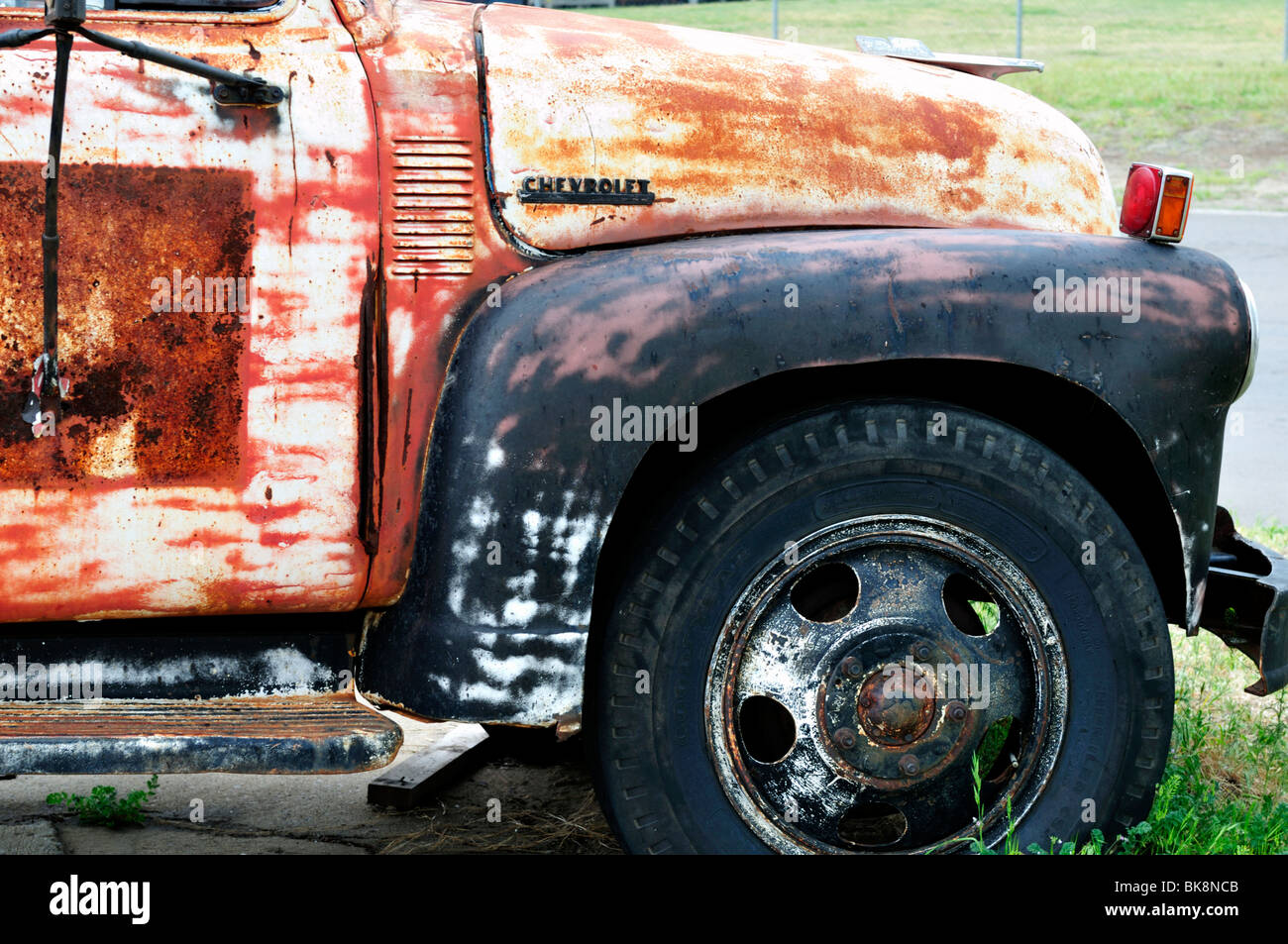 The cab and front fender of an old Chevrolet truck. Oklahoma City, Oklahoma, USA. Stock Photo