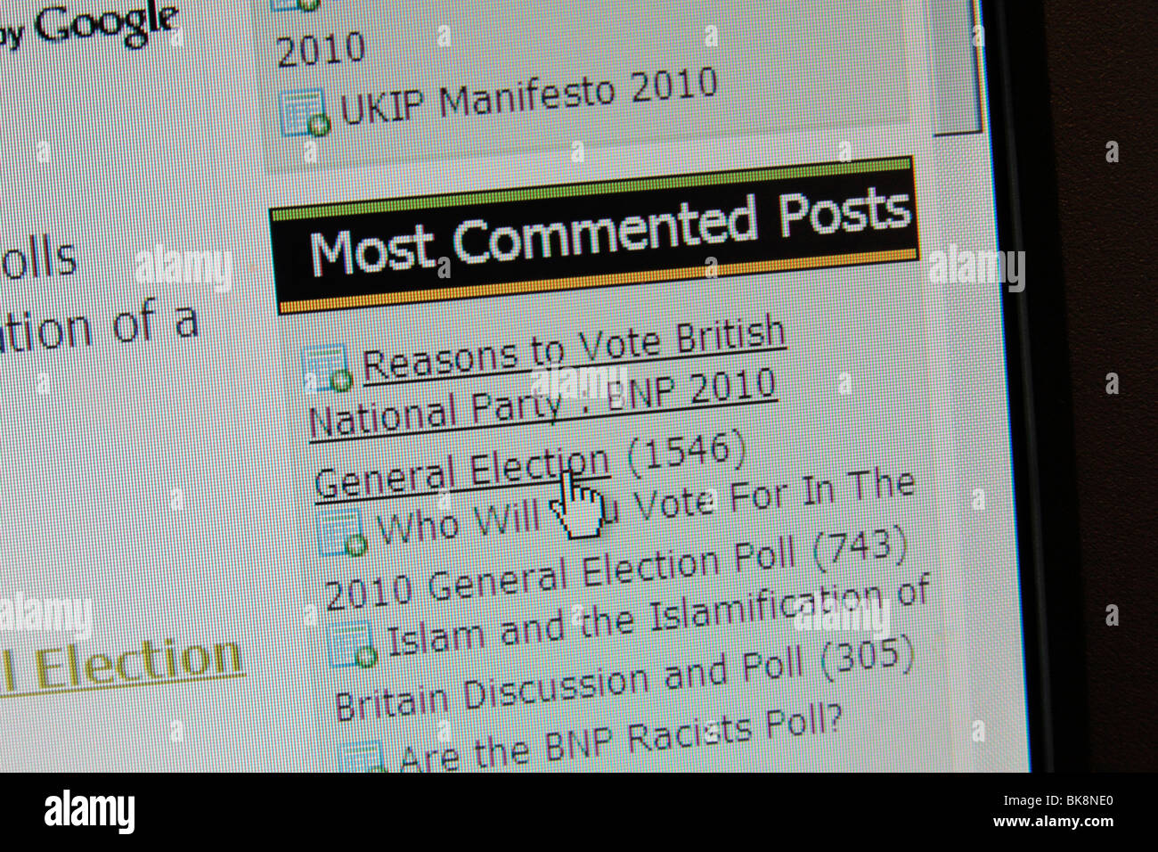 A computer screen shot of a forum debate entitled ' Reasons to Vote British National Party: BNP 2010 General Election'. Stock Photo