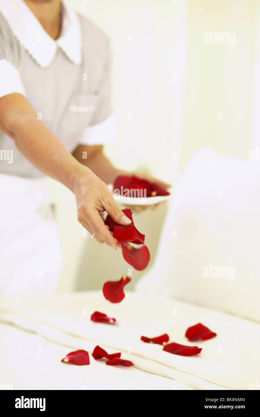 Hotel maid placing rose petals on bed Stock Photo
