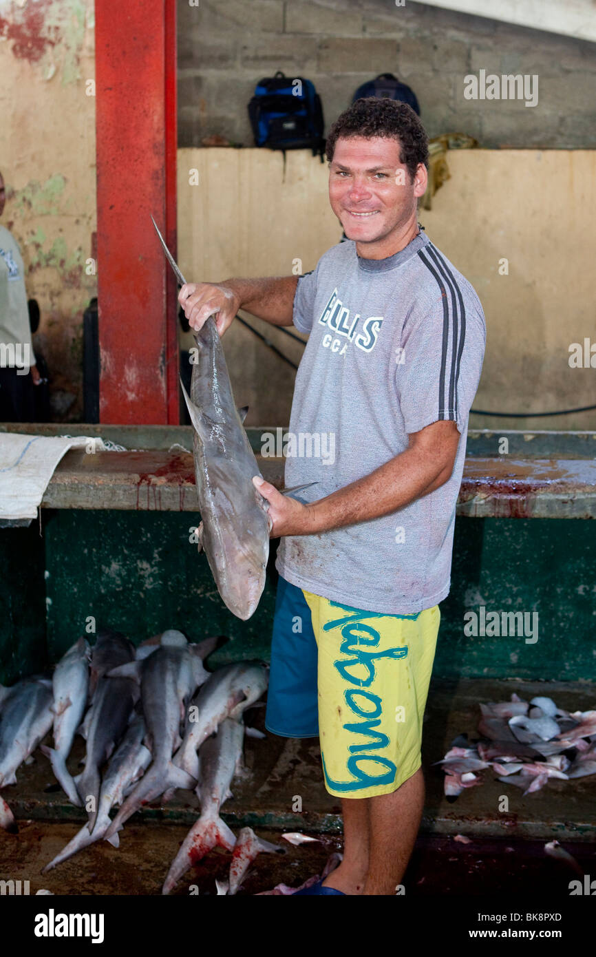 Angler showing a reef shark on the lively fish market Sir Selwyn Clarke