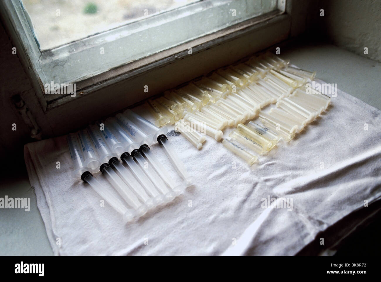 Cleaned hypodermic needles drying for reuse in a hospital in former Soviet Union town of Egvekinot, Magadon Region, former USSR Stock Photo