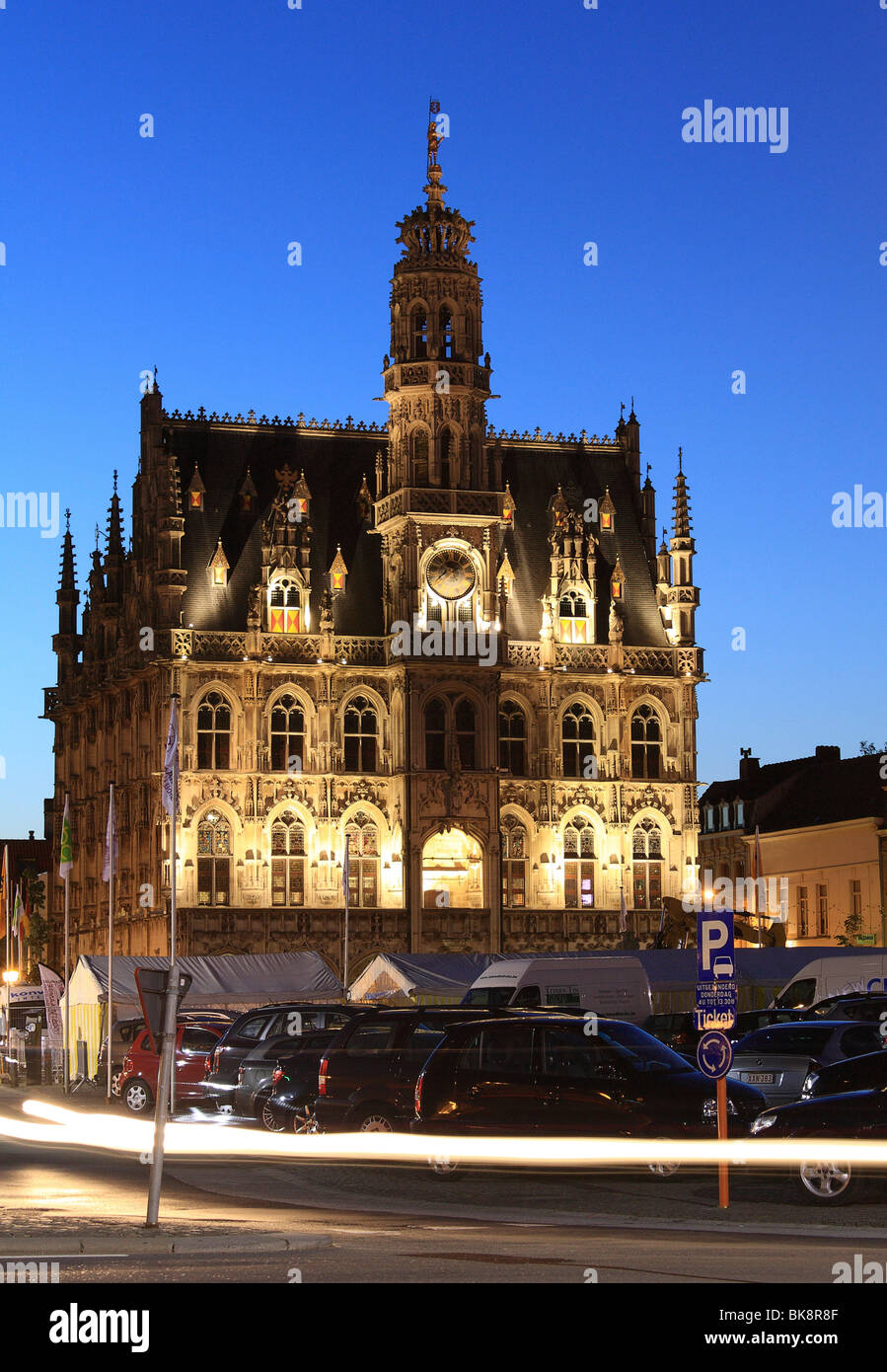 Oudenaarde townhall at the Grote Markt at dusk, Flanders, Belgium, Europe Stock Photo