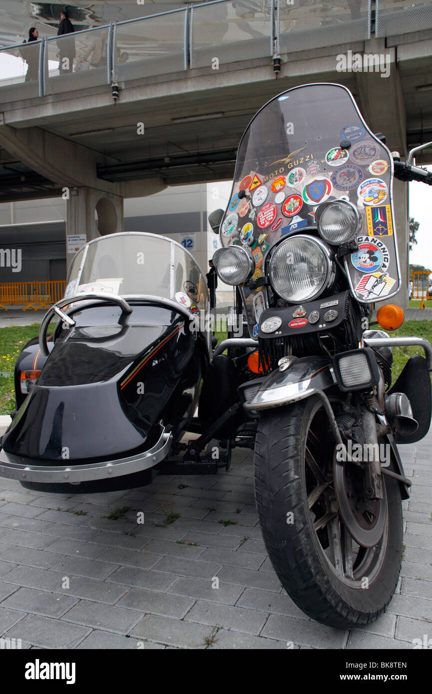 A Moto Guzzi sidecar with stickers on the windshield Stock Photo - Alamy