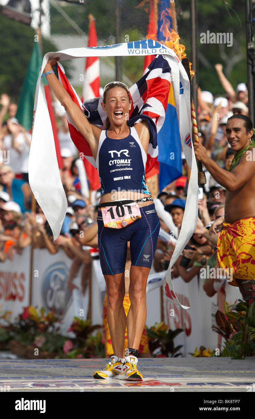 Chrissie Wellington, Great Britain, crossing the finish line of the Ironman Triathlon World Championship as the winner with a n Stock Photo