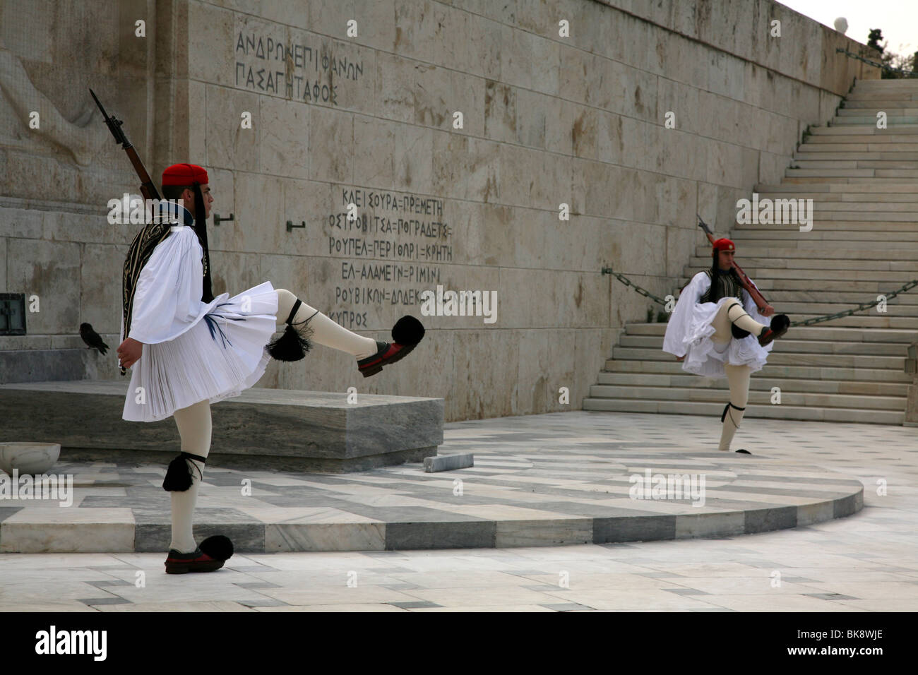 Evzones guard the Tomb of the Unknown Soldier at Syndagma square in Athens, Greece. Stock Photo