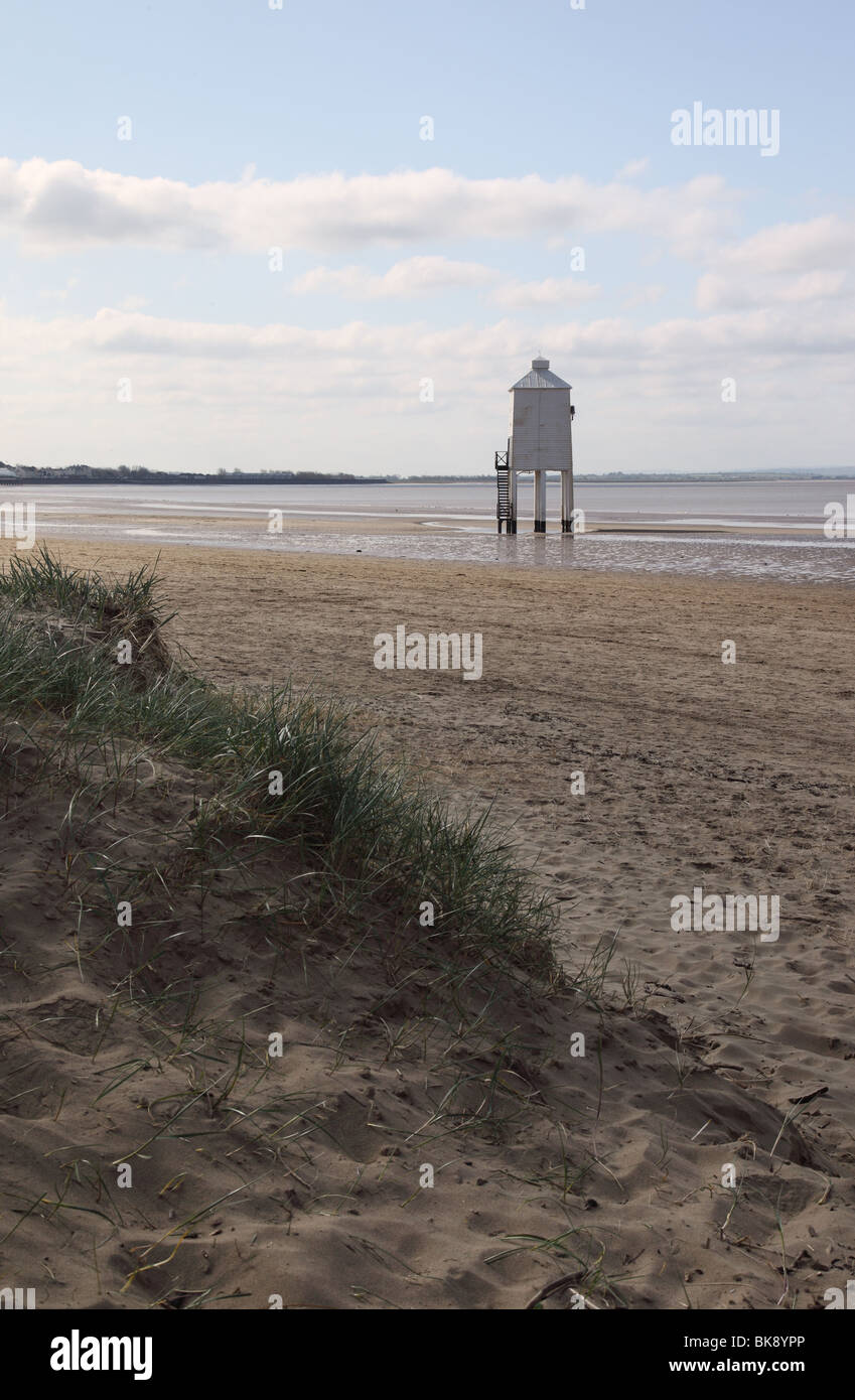 The white wooden Lighthouse on stilts at Burnham on Sea, Somerset, England Stock Photo