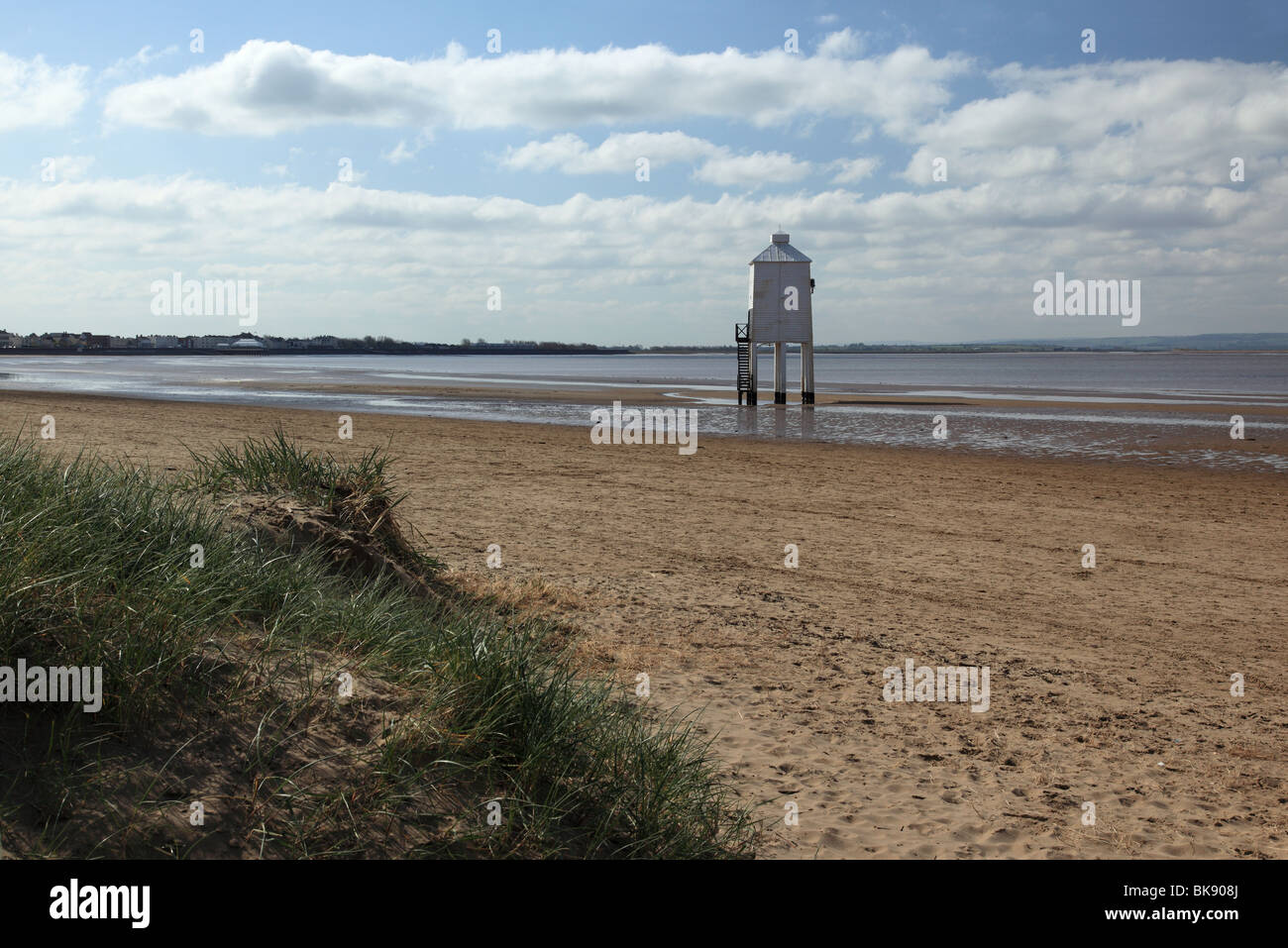 The white wooden Lighthouse on stilts at Burnham on Sea, Somerset, England Stock Photo