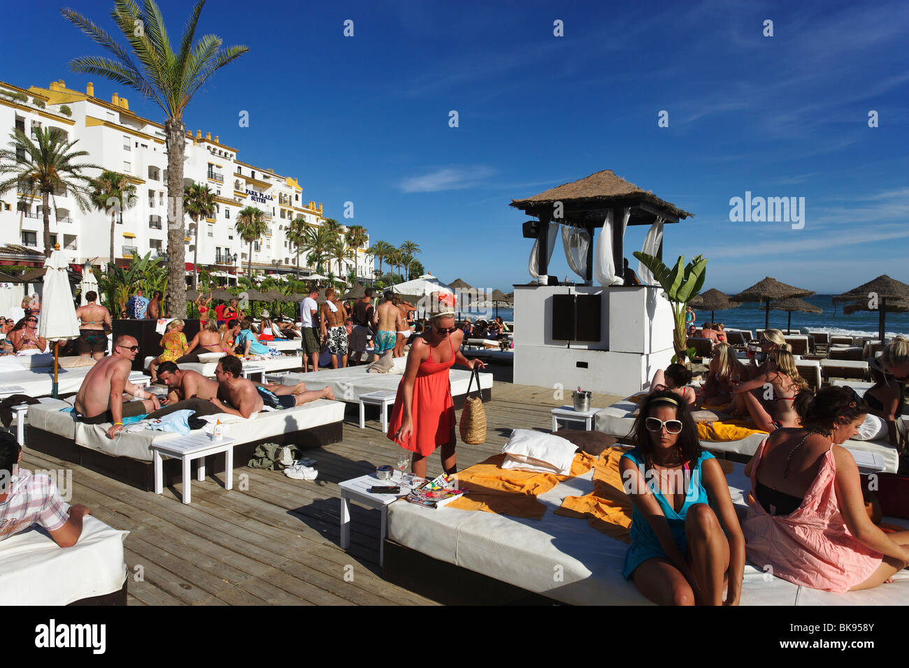Vacationers in Buddha Beach Club, Puerto Banus, Marbella, Andalusia, Spain  Stock Photo - Alamy