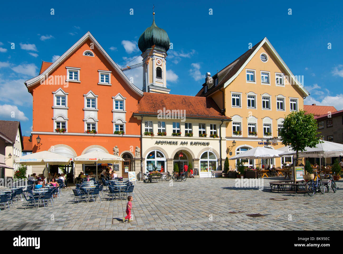 Marienplatz square with St. Nikolaus church in the historic town of Immenstadt, Allgaeu, Bavaria, Germany, Europe Stock Photo