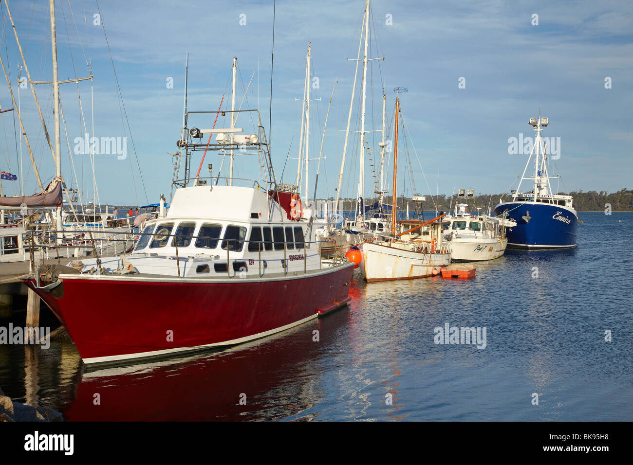 Fishing Boats and Wharf, St Helens, Eastern Tasmania, Australia Stock