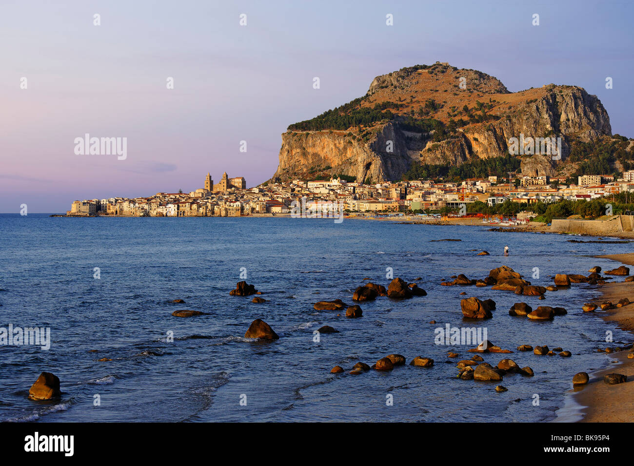 View to Cefalu with Rocca di Cefalu, Cefaly, Sicily, Italy Stock Photo