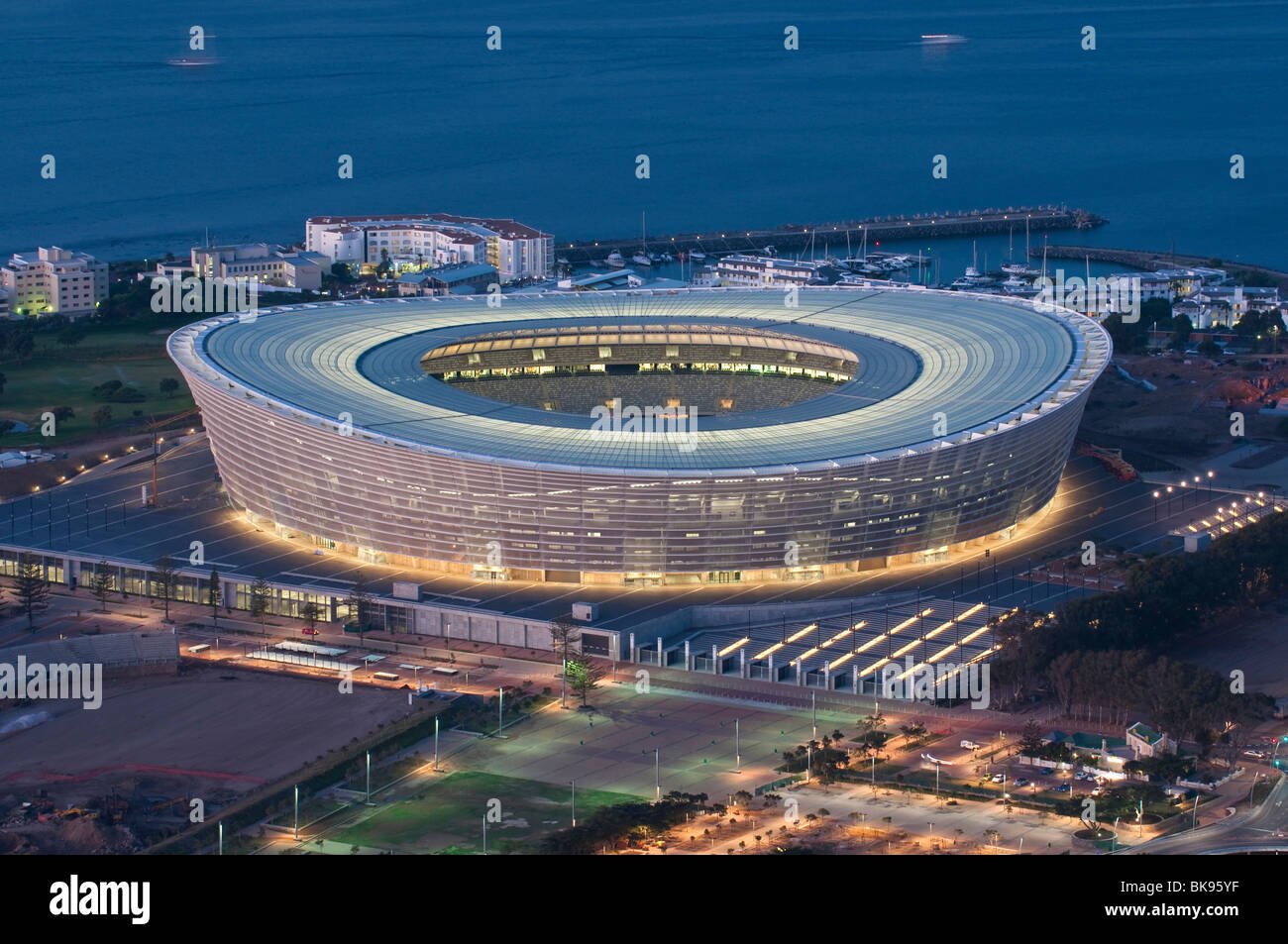 View of the completed Green Point Stadium at night from Signal Hill