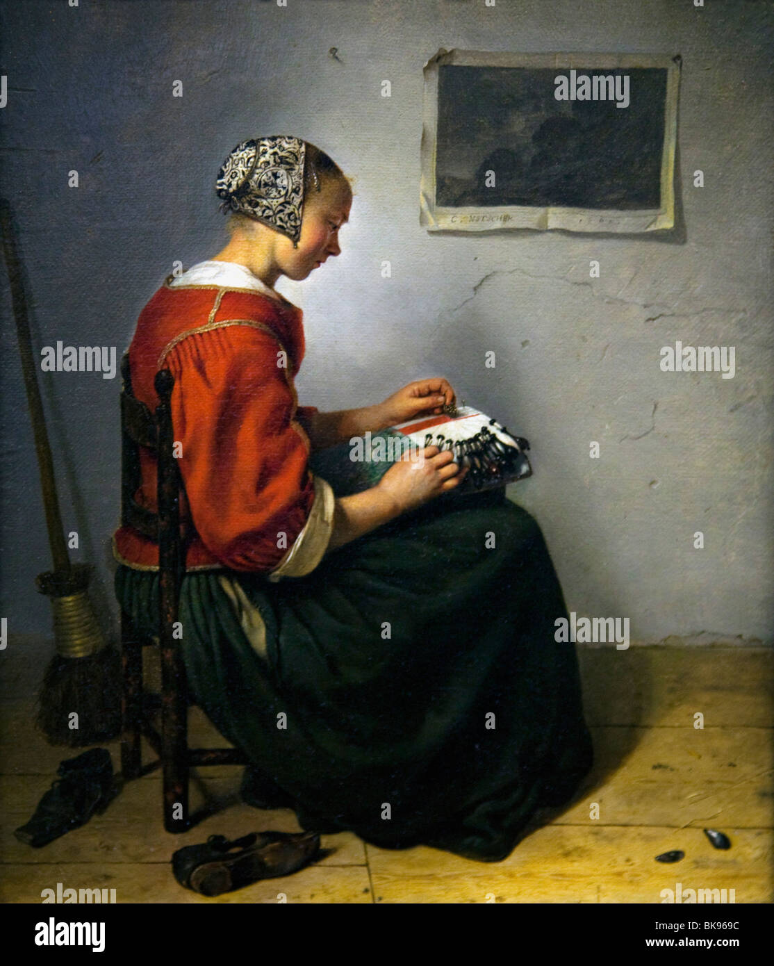 Lace-maker by Caspar Netscher, 1664, Wallace Collection, London, United Kingdom Stock Photo