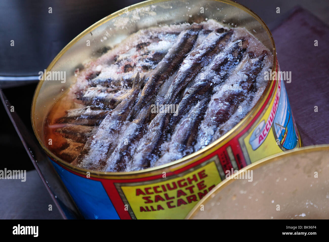 Salted sardines in a tin, fish market, Catania, Sicily, Italy Stock Photo