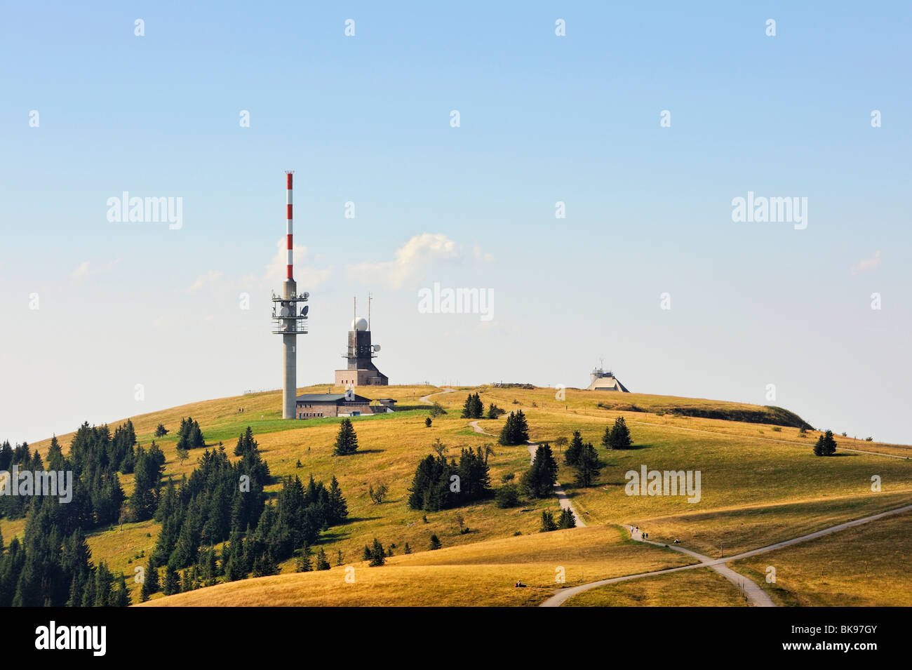 View towards the summit of Feldberg Mountain with weather station and Feldberg Tower, administrative region of Freiburg, Baden- Stock Photo