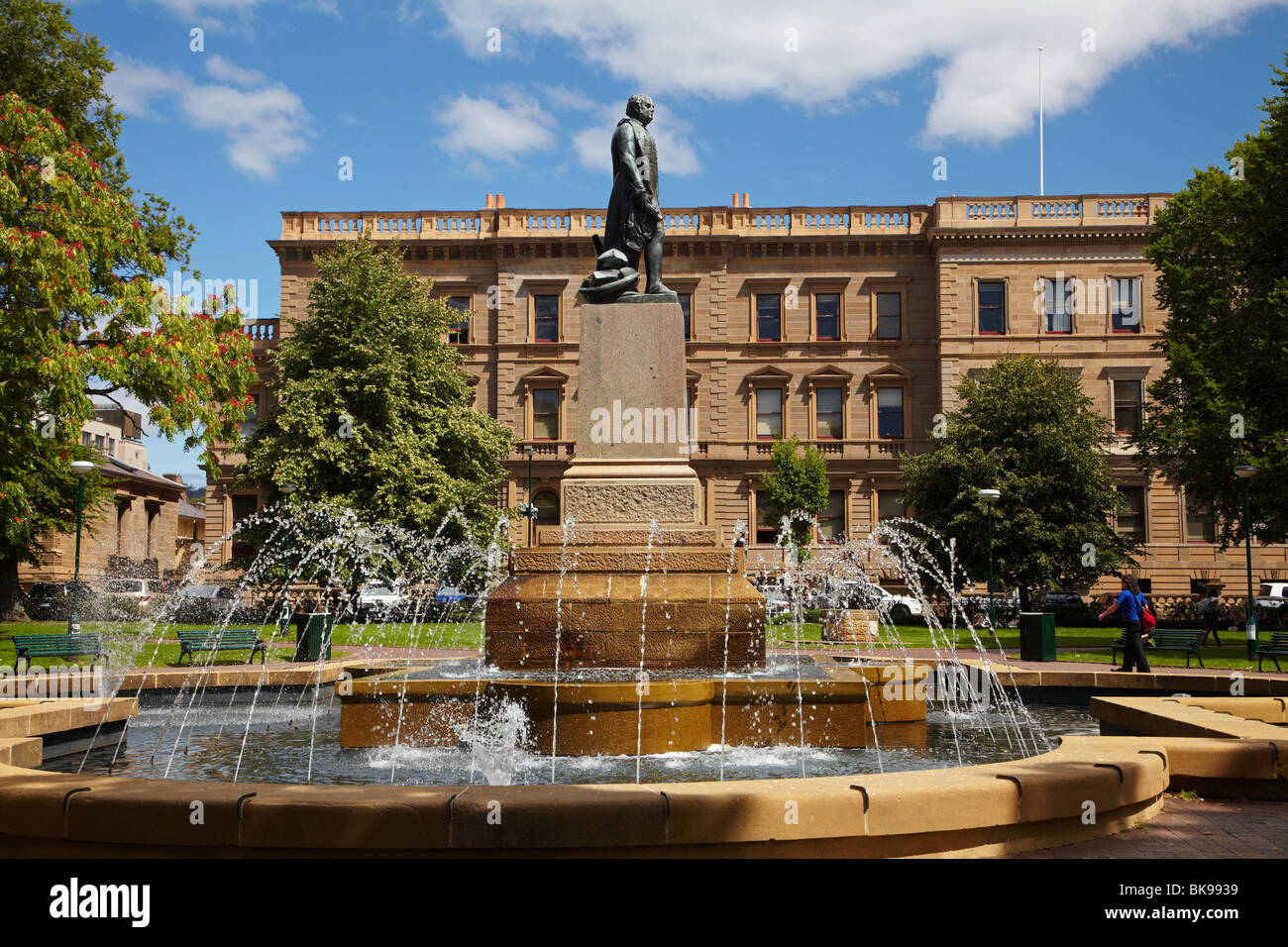 Fountain, Sir John Franklin Statue, Franklin Square, and Treasury Building, Hobart, Tasmania, Australia Stock Photo