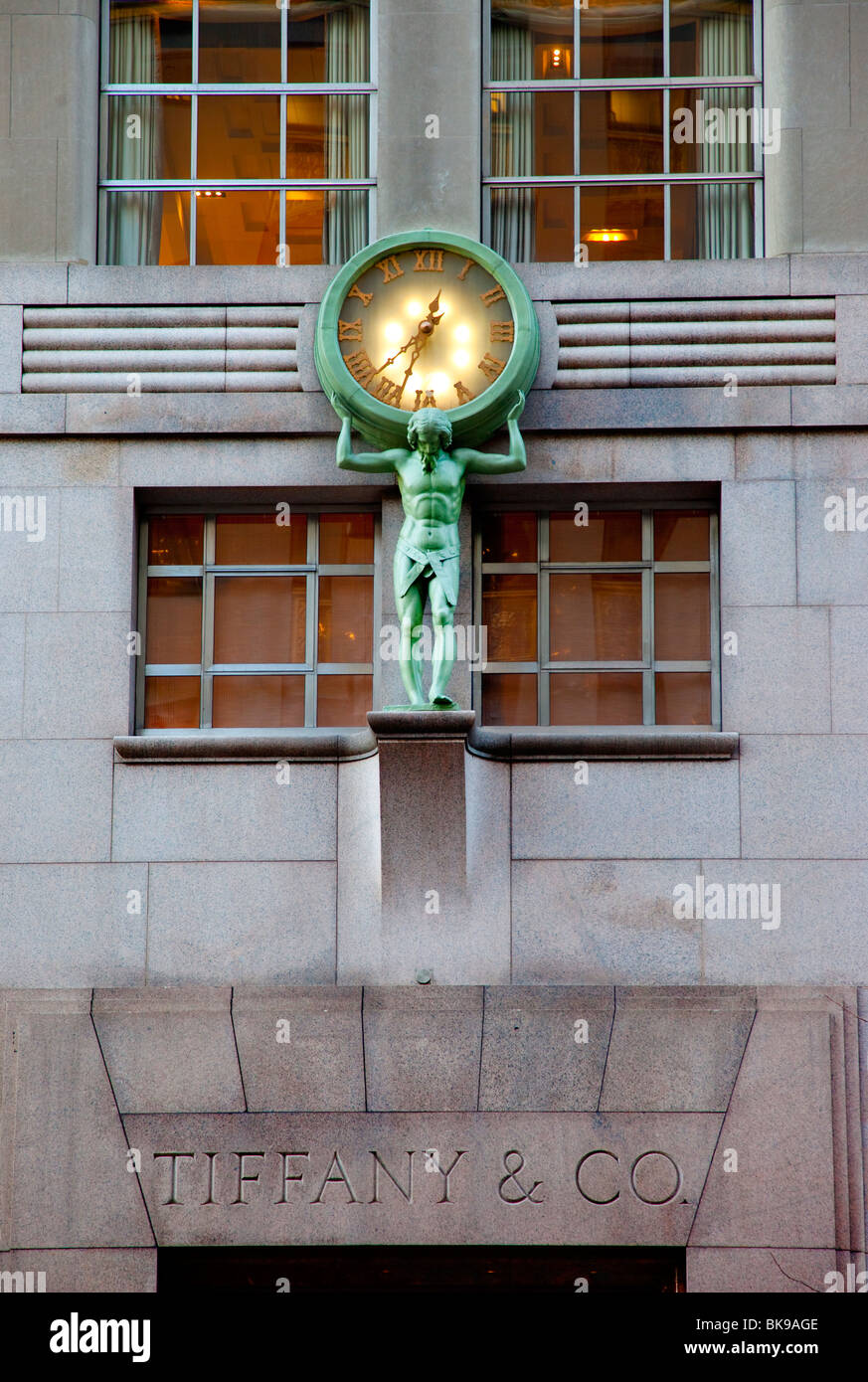 The Tiffany clock on the side of the famous luxury shop on 5th Avenue in Manhattan, New York City USA Stock Photo