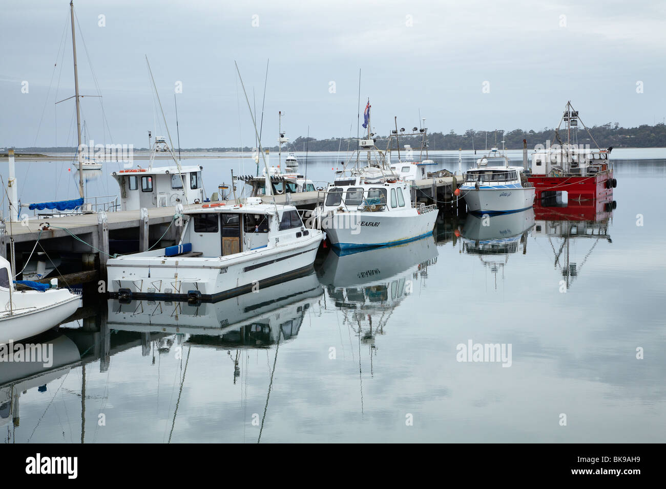 Fishing Boats and Wharf, St Helens, Eastern Tasmania, Australia Stock