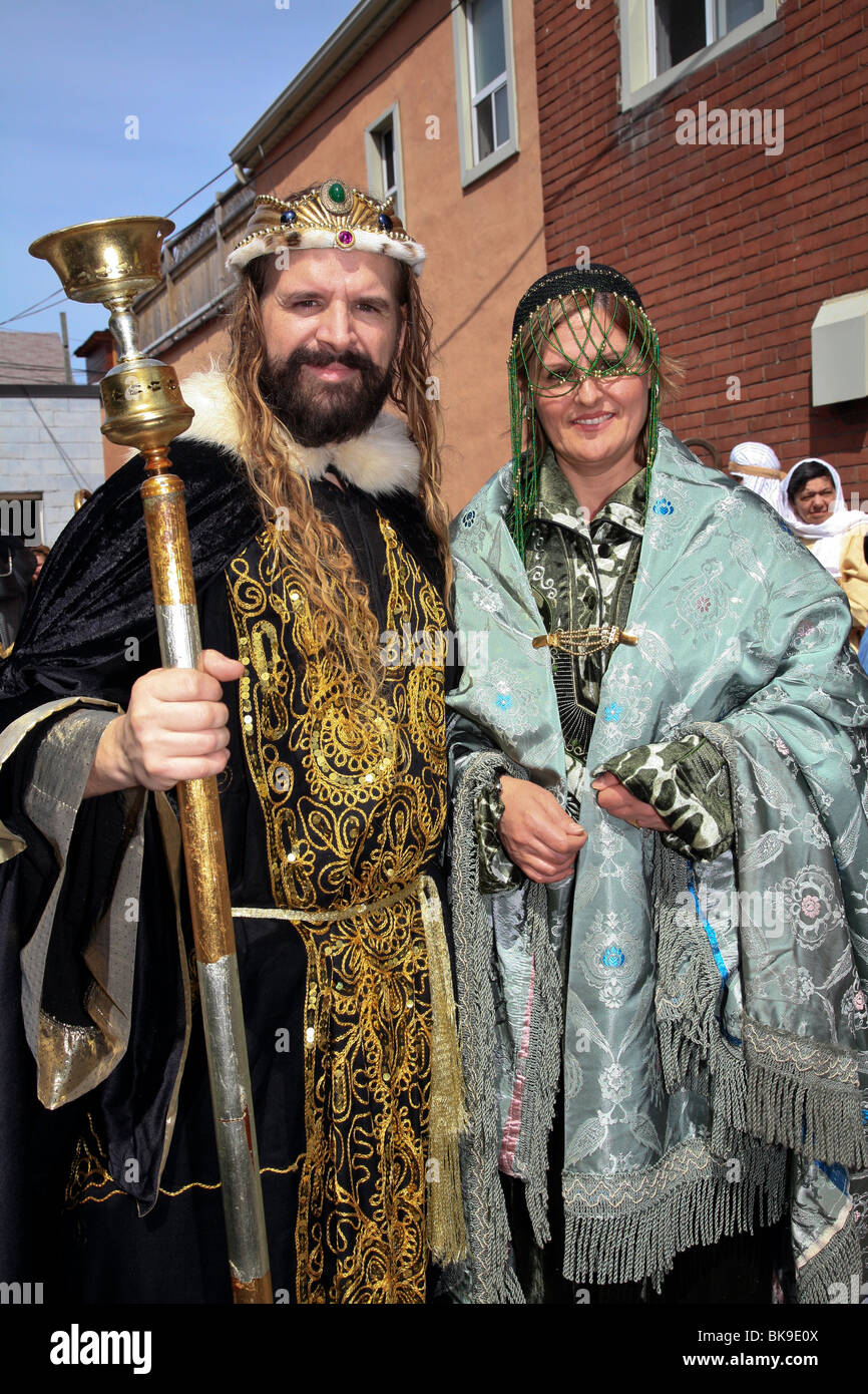 Male and female worshiper at Holy Easter or Good Friday Procession Parade,' Little Italy', Toronto,Ontario,Canada,North America Stock Photo