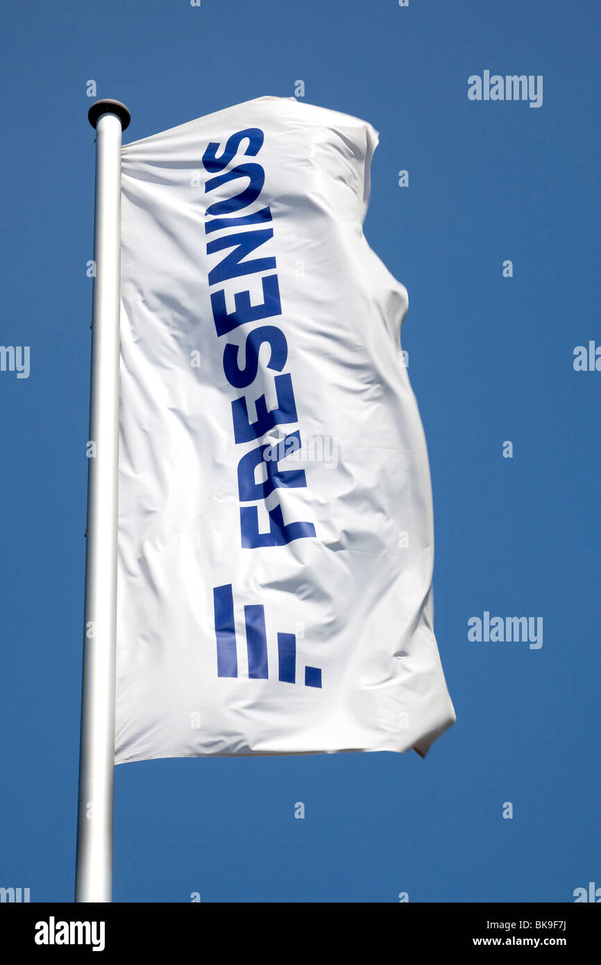 Flag in front of the corporate headquarters of the Fresenius SE company in Bad Homburg von der Hoehe, Hesse, Germany, Europe Stock Photo