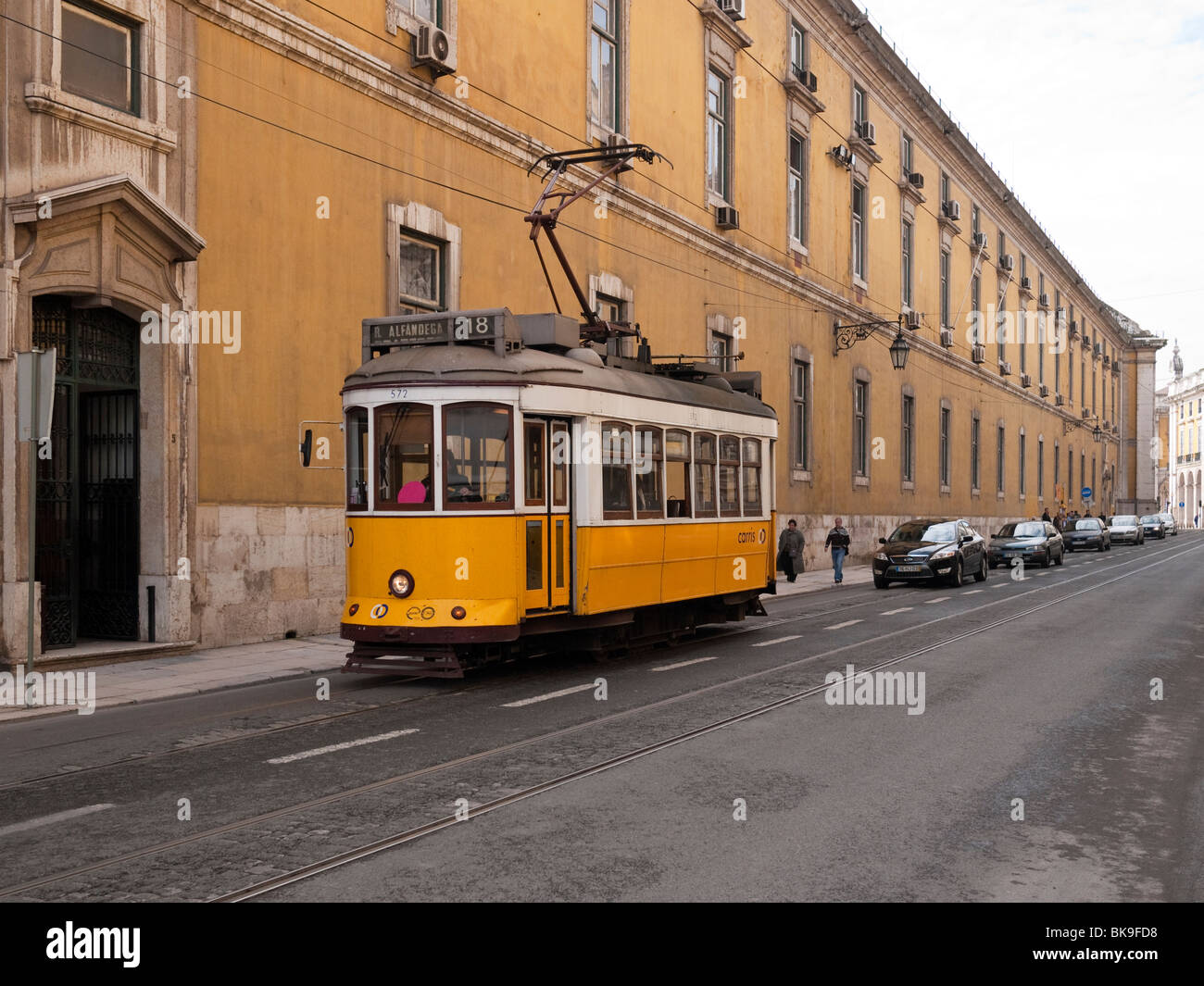 Number 18 tram in Rua da Alfândega, Lisbon Portugal Stock Photo