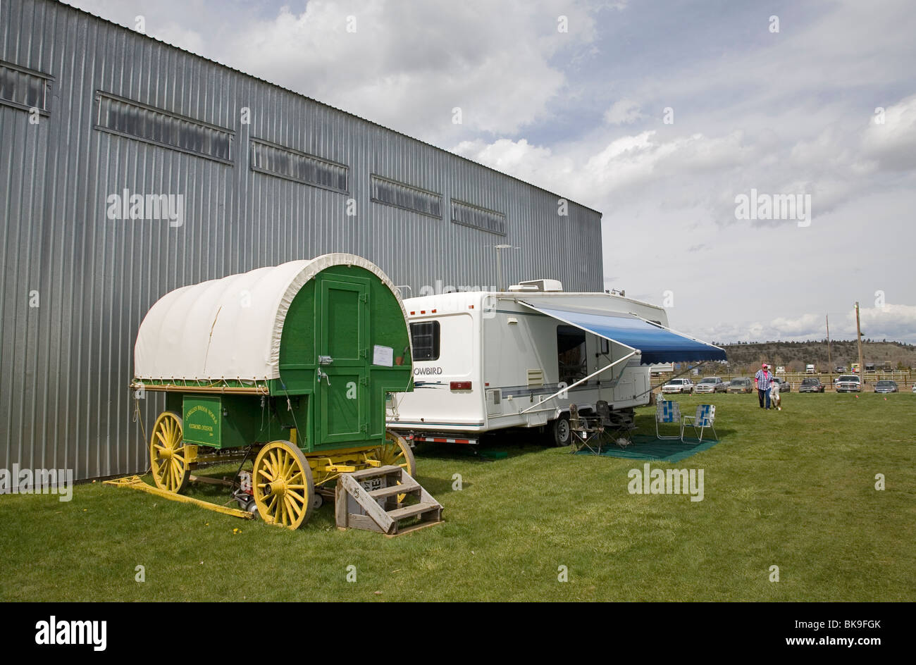 Rving then and now. A Basque sheep herder's wagon and a 5th wheel RV camper Stock Photo